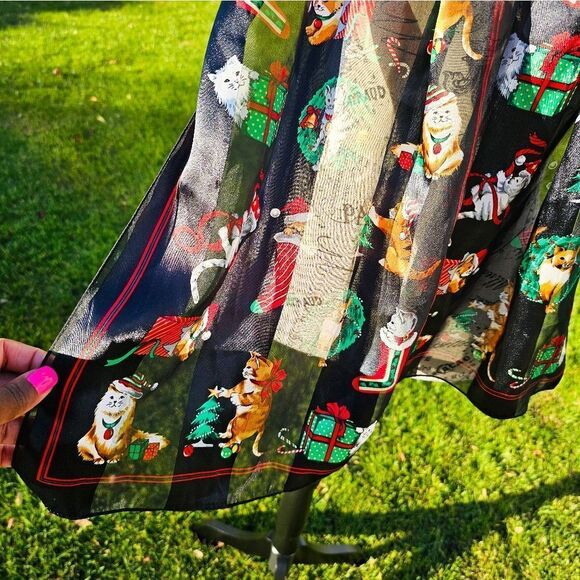 VTG Set Of 2 Festive Cats Ornament Print Oblong Holiday Theme Scarves. - Picture 6 of 15